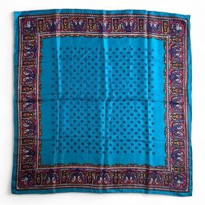 Blue Paisley Floral Vintage 100% Silk Scarf with a Retro Boho Vibe 28x29 inches